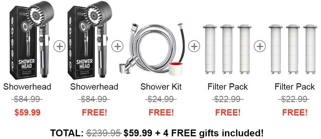 Shower head and kit with filter packs on a white background