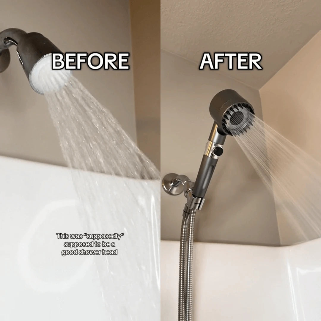Comparison image showing improved apartment shower pressure with Muravai.