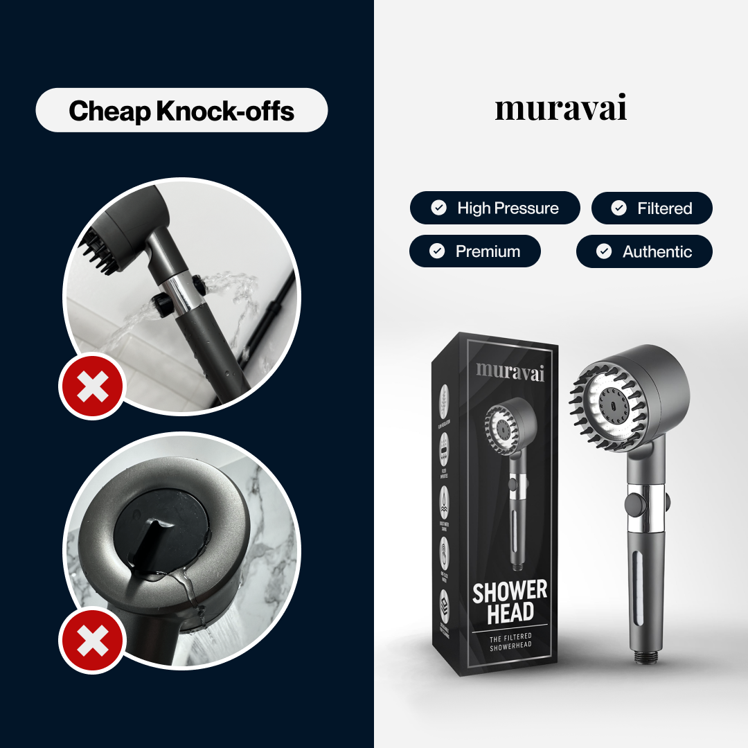 Muravai original showerhead compared with weak knockoff alternatives.