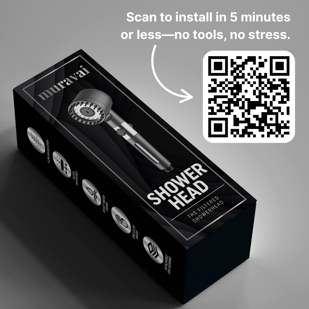 Muravai showerhead packaging and fast install setup.